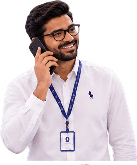 A ComfoBuddyRental Buddy on a call, wearing his ID lanyard