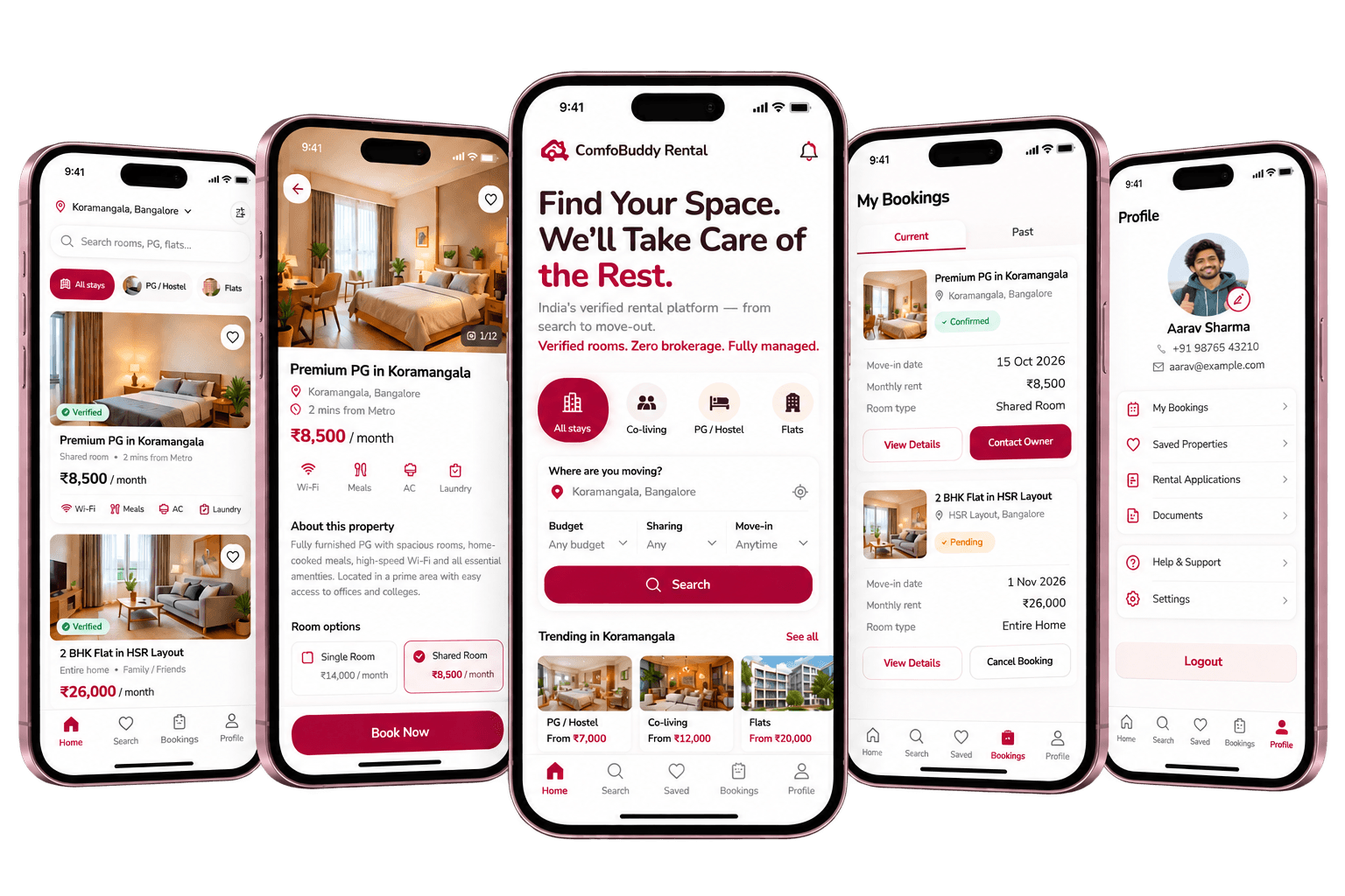 ComfoBuddyRental app — search, property, home, bookings and profile screens